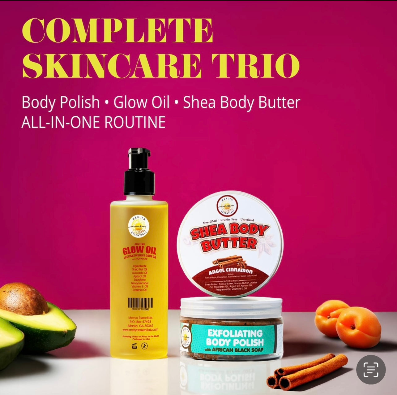 Merlyn Essentials Skin Glow Gift Box- Exfoliating Body Polish, Glow Oil with Squalane and Body Butter