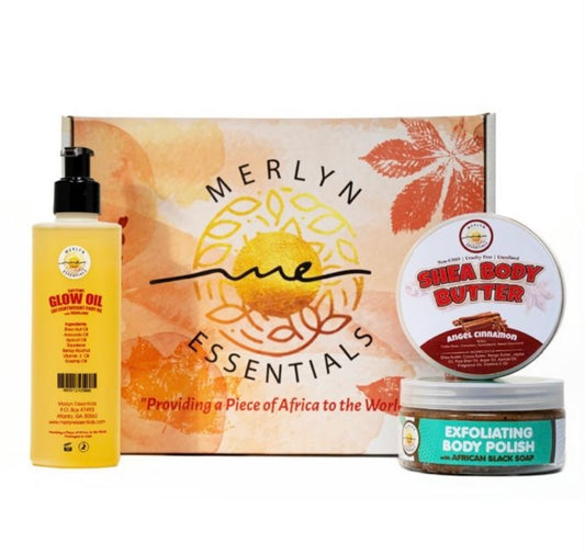 Merlyn Essentials Skin Glow Gift Box- Exfoliating Body Polish, Glow Oil with Squalane and Body Butter